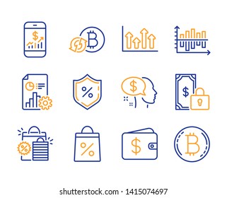 Refresh bitcoin, Report and Shopping bag icons simple set. Loan percent, Shopping bags and Pay signs. Private payment, Upper arrows and Diagram chart symbols. Line refresh bitcoin icon. Colorful set
