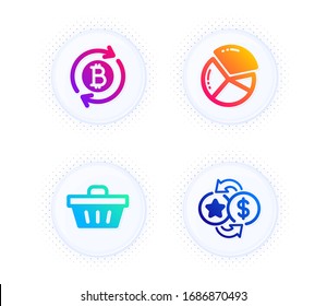Actualice los iconos de bitcoin, cesta de compras y gráfico circular de forma sencilla. Botón con puntos de tono medio. Señal de puntos de lealtad. Actualizar criptodivisa, Oferta de venta, Gráfico de presentación. Cambia de dólar. Vector