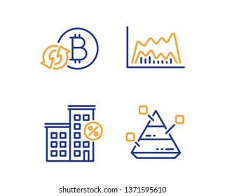Refresh bitcoin, Trade chart and Loan house icons simple set. Pyramid chart sign. Update cryptocurrency, Market data, Discount percent. Report analysis. Finance set. Linear refresh bitcoin icon