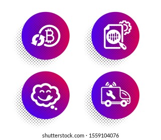 Refresh bitcoin, Yummy smile and Seo stats icons simple set. Halftone dots button. Car service sign. Update cryptocurrency, Comic chat, Cogwheel. Repair service. Technology set. Vector