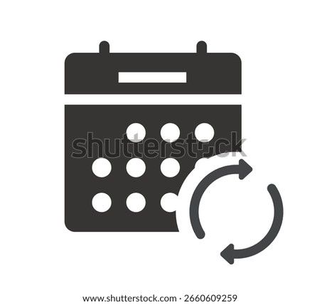 Refresh calendar date agenda icon sign symbol pictogram vector, solid bold reschedule time, sync new events in schedule image