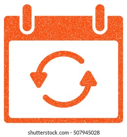 Refresh Calendar Day grainy textured icon for overlay watermark stamps. Flat symbol with dust texture. Dotted vector orange ink rubber seal stamp with grunge design on a white background.