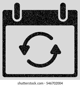Refresh Calendar Day grainy textured icon for overlay watermark stamps. Flat symbol with scratched texture. Dotted vector black ink rubber seal stamp with grunge design on a light gray background.