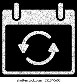 Refresh Calendar Day grainy textured icon for overlay watermark stamps. Flat symbol with scratched texture. Dotted vector white ink rubber seal stamp with grunge design on a black background.