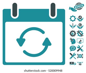 Refresh Calendar Day icon with bonus tools pictograms. Vector illustration style is flat iconic symbols, soft blue, white background.