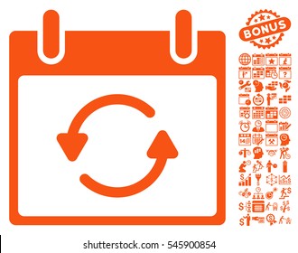 Refresh Calendar Day icon with bonus calendar and time management icon set. Vector illustration style is flat iconic symbols, orange, white background.