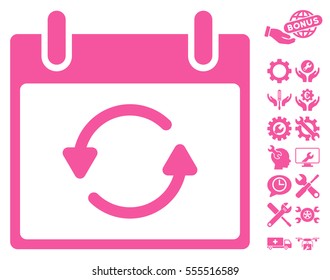 Refresh Calendar Day icon with bonus configuration design elements. Vector illustration style is flat iconic symbols, pink, white background.