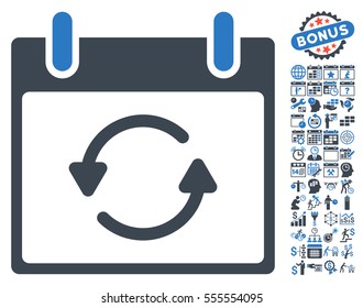 Refresh Calendar Day icon with bonus calendar and time management pictograms. Vector illustration style is flat iconic symbols, smooth blue, white background.