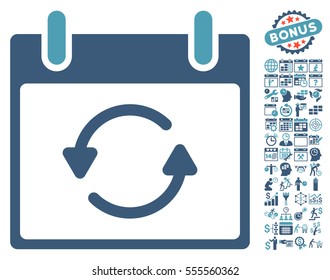 Refresh Calendar Day icon with bonus calendar and time management clip art. Vector illustration style is flat iconic symbols, cyan and blue, white background.