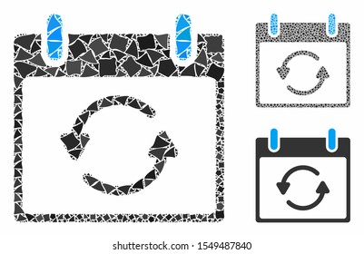 Refresh calendar day mosaic of abrupt parts in various sizes and color tints, based on refresh calendar day icon. Vector abrupt items are grouped into collage.