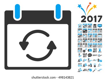 Refresh Calendar Day pictograph with bonus calendar and time management symbols. Vector illustration style is flat iconic symbols, blue and gray colors, white background.