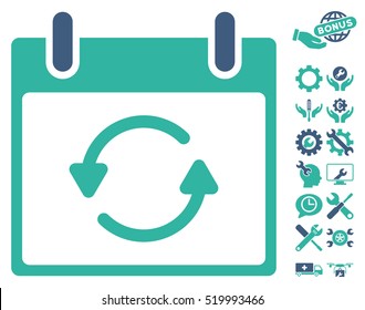 Refresh Calendar Day pictograph with bonus tools symbols. Vector illustration style is flat iconic symbols, cobalt and cyan, white background.