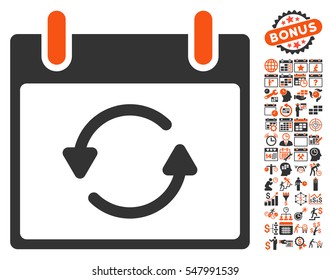 Refresh Calendar Day pictograph with bonus calendar and time management pictograms. Vector illustration style is flat iconic symbols, orange and gray, white background.