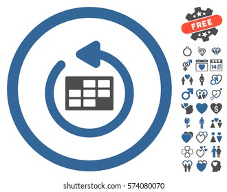 Refresh Calendar icon with bonus romantic pictograph collection. Vector illustration style is flat rounded iconic cobalt and gray symbols on white background.