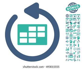 Refresh Calendar Table pictograph with bonus calendar and time management symbols. Vector illustration style is flat iconic bicolor symbols, cobalt and cyan colors, white background.