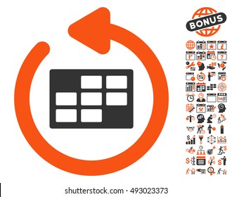 Refresh Calendar Table pictograph with bonus calendar and time management pictograph collection. Vector illustration style is flat iconic bicolor symbols, orange and gray colors, white background.