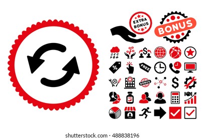 Refresh CCW icon with bonus design elements. Vector illustration style is flat iconic bicolor symbols, intensive red and black colors, white background.