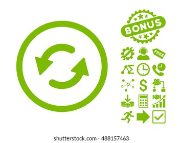 Refresh Ccw icon with bonus symbols. Vector illustration style is flat iconic symbols, eco green color, white background.