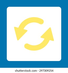 Refresh Ccw icon from Primitive Buttons OverColor Set. This rounded square flat button is drawn with yellow and white colors on a blue background.