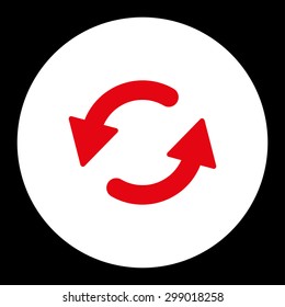 Refresh Ccw icon from Primitive Round Buttons OverColor Set. This round flat button is drawn with red and white colors on a black background.