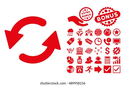 Refresh CCW pictograph with bonus design elements. Vector illustration style is flat iconic symbols, red color, white background.