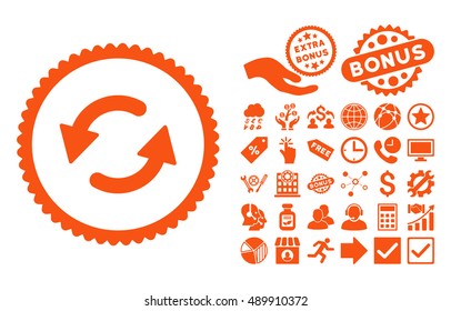 Refresh CCW pictograph with bonus elements. Vector illustration style is flat iconic symbols, orange color, white background.