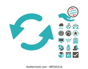Refresh CCW pictograph with bonus images. Vector illustration style is flat iconic bicolor symbols, grey and cyan colors, white background.