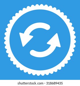 Refresh Ccw round stamp icon. This flat vector symbol is drawn with white color on a blue background.