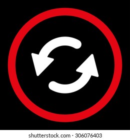Refresh Ccw vector icon. This rounded flat symbol is drawn with red and white colors on a black background.