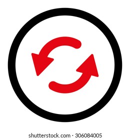 Refresh Ccw vector icon. This rounded flat symbol is drawn with intensive red and black colors on a white background.