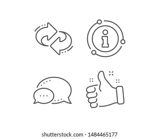 Refresh, change arrow line icon. Chat bubble, info sign elements. Rotation Arrowhead symbol. Navigation pointer sign. Linear refresh outline icon. Information bubble. Vector