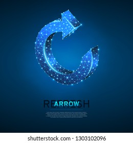 Refresh circular arrow symbol. Wireframe digital 3d illustration. Low poly, repeat, refresh button concept on blue background. Abstract Vector polygonal neon sign. RGB color mode