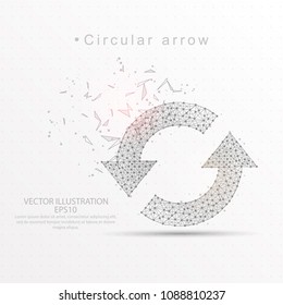Refresh circular arrows line and composition digitally drawn of triangle shape and scattered dots low poly wire frame on white background.