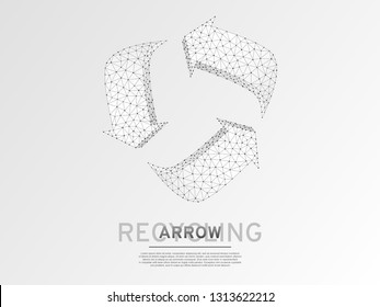 Refresh circular arrows symbol. Wireframe digital 3d illustration. Low poly, repeat, recycle button concept on white background. Abstract Vector polygonal origami style sign. RGB color mode