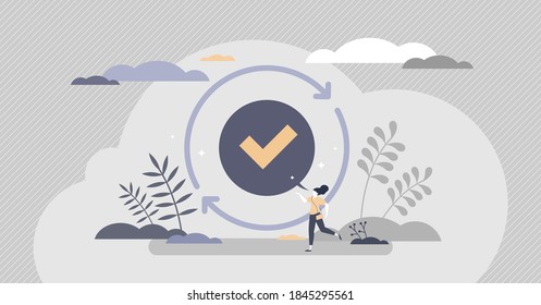 Refresh Complete Or Reload Done As Task Repeat Action Tiny Person Concept. Restart Or Do Over Same Work For Same Results Vector Illustration. Update, Synchronization Or Renew Symbolic Element Scene.