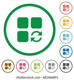 Refresh component flat color icons in round outlines on white background