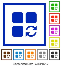 Refresh component flat color icons in square frames on white background