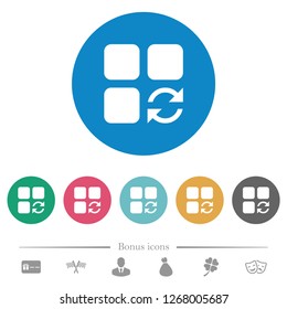 Refresh component flat white icons on round color backgrounds. 6 bonus icons included.