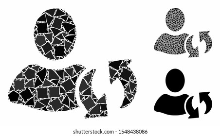 Refresh composition of irregular pieces in different sizes and color tints, based on refresh icon. Vector uneven pieces are composed into collage. Refresh icons collage with dotted pattern.