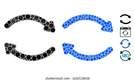 Refresh composition of round dots in variable sizes and color tones, based on refresh icon. Vector round dots are combined into blue mosaic. Dotted refresh icon in usual and blue versions.