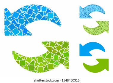 Refresh composition of rugged elements in different sizes and shades, based on refresh icon. Vector tremulant elements are organized into illustration. Refresh icons collage with dotted pattern.