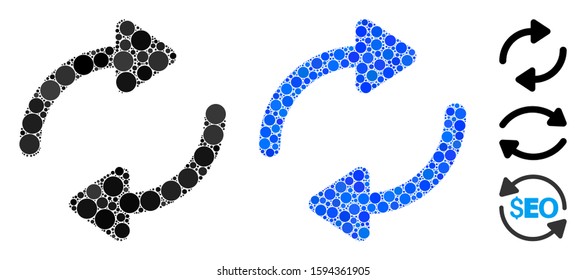 Refresh composition of spheric dots in different sizes and color hues, based on refresh icon. Vector dots are united into blue illustration. Dotted refresh icon in usual and blue versions.
