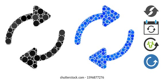Refresh composition of spheric dots in various sizes and color hues, based on refresh icon. Vector dots are united into blue composition. Dotted refresh icon in usual and blue versions.