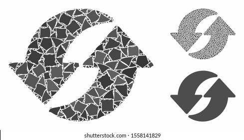 Refresh composition of unequal parts in different sizes and shades, based on refresh icon. Vector unequal parts are composed into illustration. Refresh icons collage with dotted pattern.