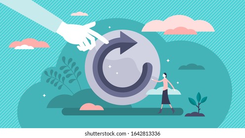 Refresh concept, flat tiny person vector illustration. Restart project with a new vision or rework the strategy. Renew life goals and direction. Reload new system updates abstract stylized symbol.