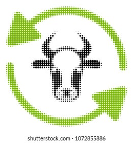 Refresh Cow halftone vector pictogram. Illustration style is dotted iconic Refresh Cow icon symbol on a white background. Halftone matrix is round elements.