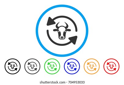 Refresh Cow vector rounded icon. Image style is a flat gray icon symbol inside a blue circle. Bonus color variants are grey, black, blue, green, red, orange.
