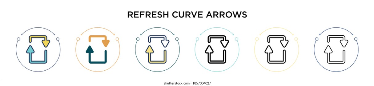 Refresh curve arrows icon in filled, thin line, outline and stroke style. Vector illustration of two colored and black refresh curve arrows vector icons designs can be used for mobile, ui, web