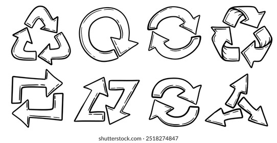 Refresh cycle arrows hand drawn. Sync repeat and reload circle and triangle arrow doodle. Vector illustration