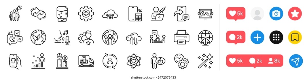 Refresh, Electricity and Quick tips line icons pack. Social media icons. Image carousel, Magistrates court, Atom web icon. Cloud sync, Magic wand, Brand ambassador pictogram. Vector